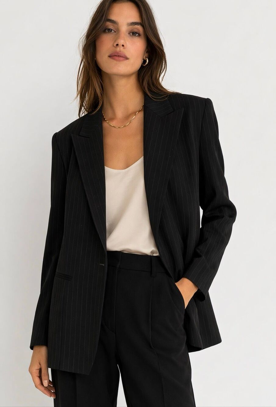 Max Mara Black Pinstripe Blazer Open Front Italian Tailored Jacket 10